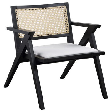 Coastal Accent Chair, Ash Wood Frame, Cushioned Seat and Rattan Back, Black