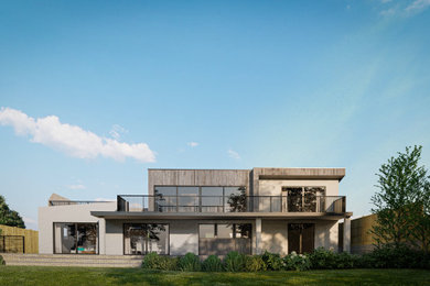 Design ideas for a large and multi-coloured contemporary two floor rear detached house in Kent with mixed cladding, a flat roof, a mixed material roof and a grey roof.