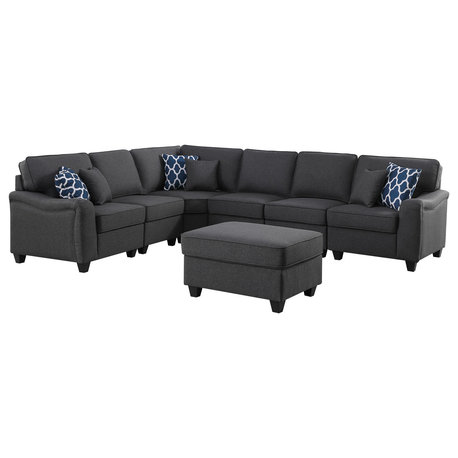 Lilola Home Leo Dark Gray Linen 7Pc Modular L-Shape Sectional Sofa and Ottoman