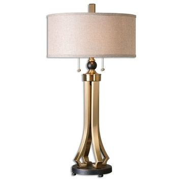 Contemporary Open Column Brass Bronze Metal Table Lamp 33 in Pull Chain 2 Light
