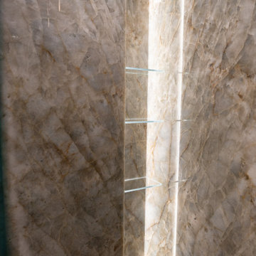 Lit Shower Niche with Glass Shelves in Barcelona Quartzite