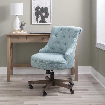 Contemporary Office Chair, Cushioned Seat With Button Tufted Back, Light Blue