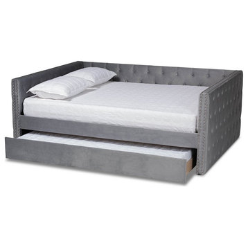 Bowery Hill Grey Velvet Upholstered Queen Size Daybed with Trundle