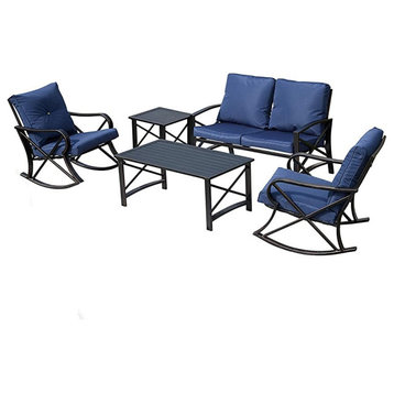 5 Pieces Patio Set, Rocking Chairs & Loveseat With Padded Seat and Back, Blue