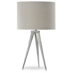 Stylecraft - Leo Metal Tripod Table Lamp, Chrome Finish, Off White Fabric Shade - The Leo Table Lamp has a chrome base shaped like a traditional tripod and a round off-white hardback shade. Recalling a photographer's or surveyor's tripod, this unique lamp brings an industrial appeal to an office, bedroom, or living room. Its neutral colors and easily accessible switch on the power cord make this table lamp a functional accent for any room.