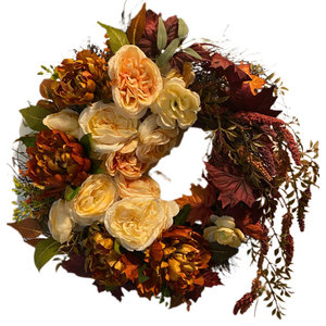 Cream and Orange Rust; 24 Inch Large Thanksgiving Fall Wreath for Front Door Decor; Artificial Dahlia Hydrangea and Peony Mix; Brown