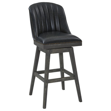 Velasquez 26" Wood Swivel Counter Stool, Black Wood Finish, Black Faux Leather, Brown Onyx