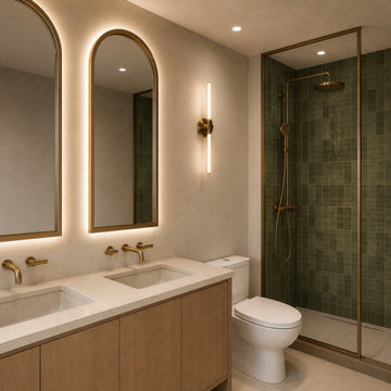 Spa-Inspired Bathroom with Green Tile Shower and White Oak Vanity