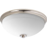 Progress Lighting - 2-Lt. Flush Mount (P3423-104) - Progress Lighting P3423-104 Modern/Transitional style Replay Collection 2 Light 14" Flush Mount in Polished Nickel finish with Etched Outside, Painted White Inside Shade. Rated: Damp Location Listed. Light Bulb Data: 2 A-19 60 watt. Bulb included: No. Smooth forms and linear details. Pleasingly elegant frame. Simplified modern look.
