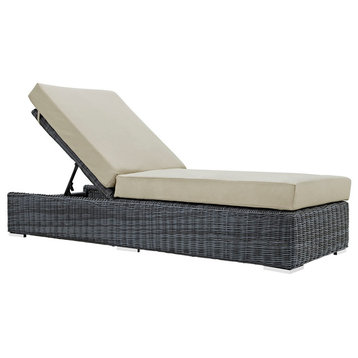 Modern Contemporary Outdoor Patio Chaise Lounge, Beige, Fabric, Synthetic Rattan