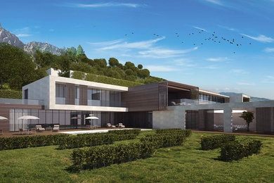 Стильный дизайн: огромный частный загородный дом в современном стиле с односкатной крышей - последний тренд