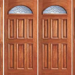 Prehung Mahogany Fan Lite Entry Double Door Two Sidelights - Front Doors