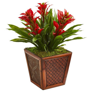 Triple Bromeliad Artificial Plant, Decorative Planter, Red
