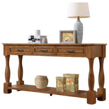 Retro Console Table, Carved Column Support With 3 Spacious Drawers, Brown
