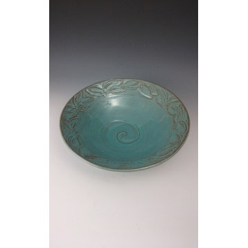 Panama Turquoise Handmade Serving Bowl With Incised Leaf Design
