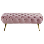 Meridian Furniture - Amara Velvet Upholstered Bench, Pink - Inject Hollywood glam into your space with this Amara Pink Velvet Bench. Its rich velvet upholstery gives it a sleek, modern look while stainless steel legs with a gold finish add to its lavish appearance. This bench has a wide seat with a plump cushion that cradles your body in comfort while you unwind and relax. The button-tufted top keeps the material inside from shifting, so it stays aloft and ready to comfort you as you sit.