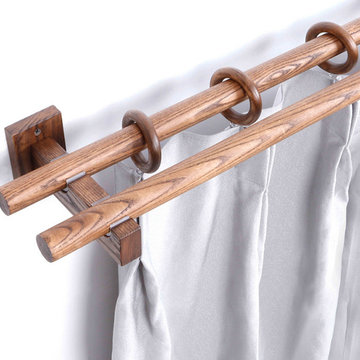 QYT04 1-1/8" Ash Wood Black Walnut Square bracket Single Double Curtain Rod Sets