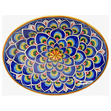 Deruta Ceramiche Sberna Penna di Pavone 16.5X13" Oval Platter, Blue