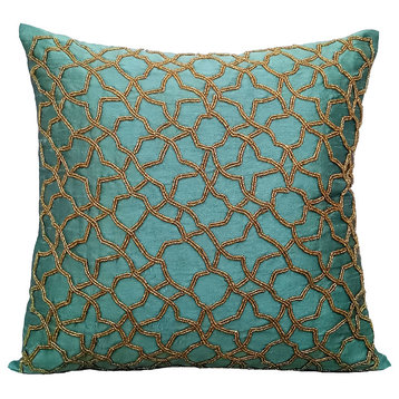 Blue Decorative Pillow Covers 14"x14" Silk, Teal Geometry