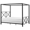 Queen Canopy Bed, Metal Frame and Unique Headboard With X- Shaped Details, Black