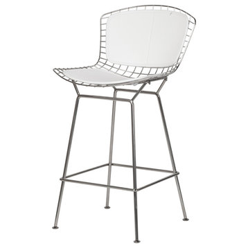 Wireback Stainless Steel Counter Stool, Set of 2, White Seat Pad