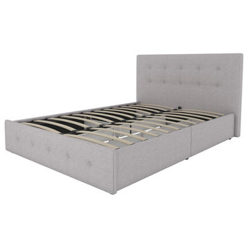 Contemporary Full Platform Bed, Button Tufted Headboard & Storage Drawers, Grey