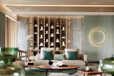 Living room - mid-sized zen formal and open concept marble floor, gray floor, wood ceiling and wall paneling living room idea with gray walls, no fireplace, a stone fireplace and a media wall