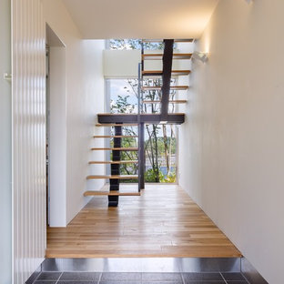 他の地域のモダンスタイルのおしゃれな玄関ホール (白い壁、グレーの床) の写真