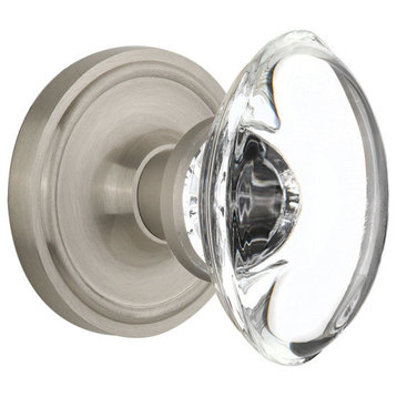 Classic Rosette Privacy Oval Clear Crystal Glass Knob, Satin Nickel