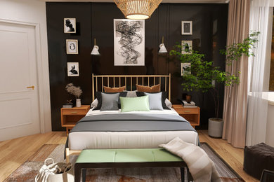 Diseño de dormitorio principal actual con paredes negras y suelo de madera clara