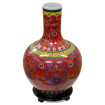 Red Imperial Chinese Porcelain Temple Vase, With Stand