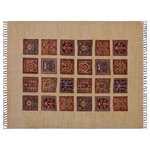 Bareens Designer Rugs - Bohemian Khurgeen Saylor Beige/Red Wool Rug - 3'5'' x 5'2'' - Designed with a mesmerizing intricate transitional and geometric motif this glorious hand knotted rug made with handspun Ghazni wool is a masterpiece that will fill any space with sophistication and grace. Hand knotted by skilled artisans in an exhilarating color pallet with an elaborate design, this masterpiece features luxurious hand spun wool with all vegetable dyes to add comfort and style to your decor. The design, color, and beautiful chromatic composition with a sheen in transitional and geometric designs, exude beauty, elegance and quality make this rug an extraordinarily opulent center piece for your living space. The intricate designs known as Khurgeen, Khorgeen or Khorjin range are inspired by the patterns from ancient tribal bags. An infusion of bold, saturated color gives this traditional hand-knotted rug a fresh perspective and modern appeal. Most desired due to its versatility in design and affordability this handmade rug is in a compelling focal point in any living area.