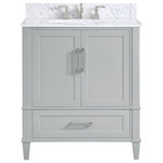 Bemma - Montauk 30" Bathroom Vanity, Fog Grey With Carrara Marble, 30" - Montauk's solid wood chamfered legs and framed door fronts showcase an understated silhouette. Its driftwood inspired aged light oak finish is reminiscent of a rustic beach house while the Sherwin Williams Morning Fog Grey and Pure White painted finishes offer a more traditional look. Premium soft-close glides/hinges deliver effortless motion while dovetailed joints provide seamless joinery.  Detailed with brushed nickel accents and unassuming classic lines, the Montauk Bathroom Vanity is a sophisticated yet casual piece. (Faucet not included)
