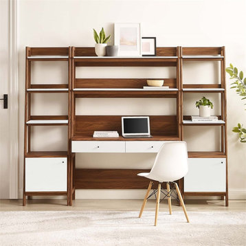 Modway Bixby 3-Piece Wood Office Desk and Bookshelf - Walnut/White