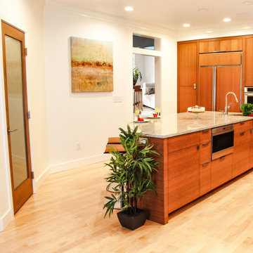 Convenient pantry and touch controlled microwave concealed within island