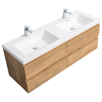 Alma-Pre 4 Drawers Wall Mount Vanity, Integrated White Sink, Natural Oak, 60"