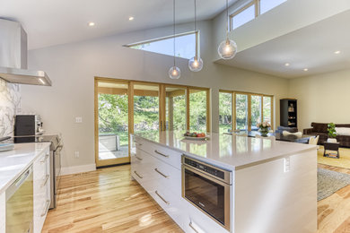 Mid-sized modern single-wall eat-in kitchen in Denver with a single-bowl sink, flat-panel cabinets, white cabinets, quartz benchtops, grey splashback, marble splashback, stainless steel appliances, light hardwood floors, with island, white floor and grey benchtop.