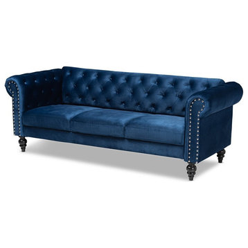 Bowery Hill Navy Blue Velvet Upholstered Button Tufted Chesterfield Sofa