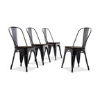 Wood Seat Metal Dining Chairs, Set of 4, Antique Black