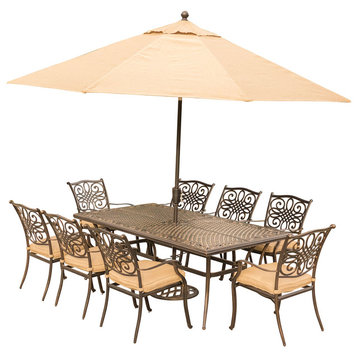 Traditions 9-Piece Dining Set in Tan, 84 x 41" Table, Umbrella and Stand
