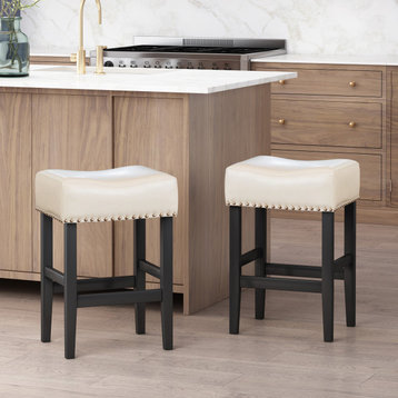 GDF Studio Ralph Off-White Leather Backless Counter Stool, Set of 2