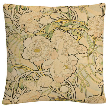 Alphonse Mucha 'Peonies' 16"x16" Decorative Throw Pillow