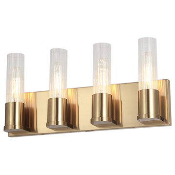Tube Contemporary 4 Light Aged Brass Clear Metal Vanity