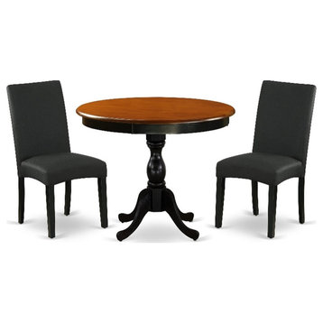 AMDR3-BCH-24 Round Dining Table and 2 Black Linen Fabric Chairs - Black Finish