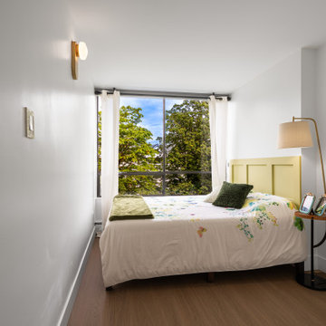 Hollyburn Condo Guest Bedroom – Minimalist Layout with Feature Headboard Wall