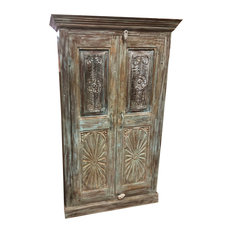 Mogul Interior - Consigned, Antique Armoire, Rustic Blue Door Cabinet - Armoires and Wardrobes