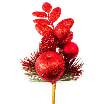 11" Red Glittered Christmas Pick With Apple & Ball