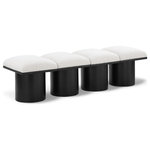 Meridian Furniture - Pavilion Black Boucle Fabric Bench, Cream, Black Finish, 62" W X 18" D X 17.5" H - Bring valuable seating and remarkable style to your space with this cream Pavilion Boucle Fabric Bench, an exquisite balance of style and usability for the entryway, bedroom, and beyond. Crafted from oak veneer with a black finish, this bench has a 4-inch-thick seat cushion that's channel-tufted for a touch of luxury. The bench's columnar bases add a dash of Art Deco design, making it a captivating focal point in any room.