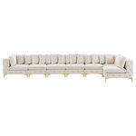 Meridian Furniture - Tremblay Modular Sectional, Cream, L-Shaped, 7-Piece: Armless (5), Corner (2) - Lean back and relax on this Tremblay sectional. Featuring soft cream velvet upholstery with deep button tufting, this sectional adds a bold touch to any living space. A complete set of gold and chrome legs are included, so you can change it up to suit your home decor. This sectional is modular, so you can create infinite configurations with it, which are easily attached using the latch underneath the frame. Its contemporary design is perfect for the modern home.