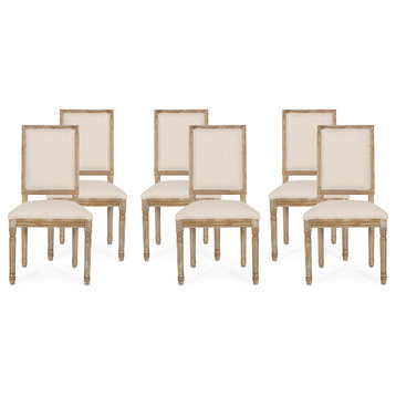 Amy French Country Wood Upholstered Dining Chair (Set of 6), Beige/Natural